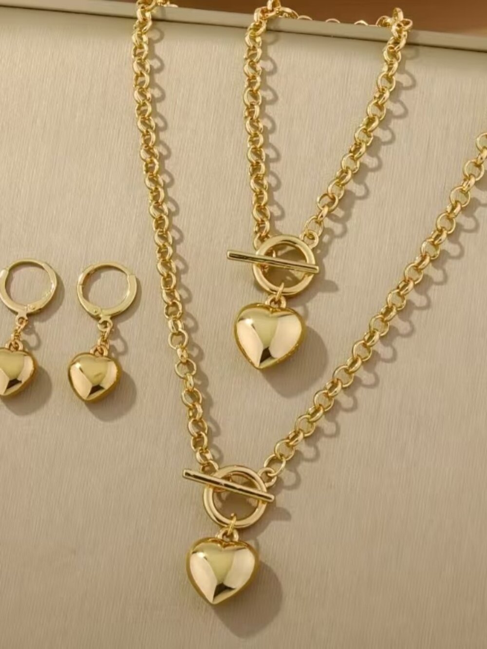 3pc Gold Heart Charm Necklace Bracelet & Earrings Jewelry Set - Picture 6 of 8